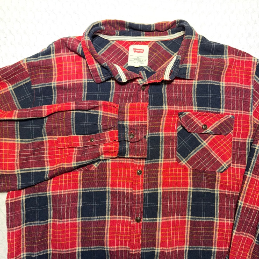 Levis Mens XXL Red Navy Blue‎ Plaid Flannel Button Down Hiking Long Sleeve Shirt